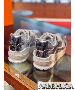 Replica Louis Vuitton LV Trainer Sneakers In Silver Metallic Leather 2
