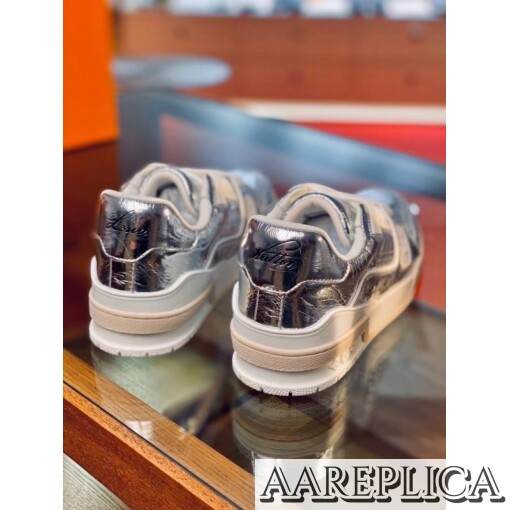 Replica Louis Vuitton LV Trainer Sneakers In Silver Metallic Leather 2