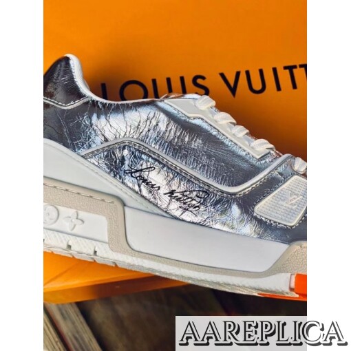 Replica Louis Vuitton LV Trainer Sneakers In Silver Metallic Leather 3