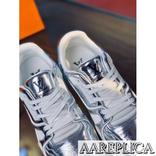 Replica Louis Vuitton LV Trainer Sneakers In Silver Metallic Leather 4