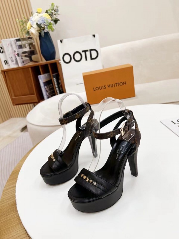 Replica Louis Vuitton Afterglow Platform Sandals In Black Leather for Sale