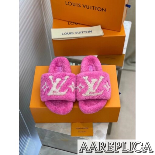 Replica Louis Vuitton Paseo Flat Comfort Mules In Pink Shearling 7