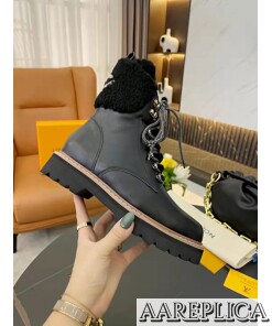 Replica Louis Vuitton Black Territory Flat Ranger Boots with Shearling 2