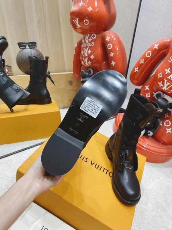 LOUIS VUITTON Size 6.5 Black Patches Leather Metropolis Ranger Boots