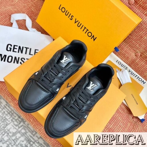 Replica Louis Vuitton Black LV Trainer Sneakers with Wool 2