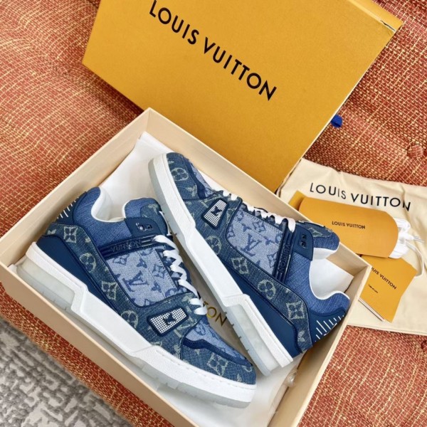 Replica Louis Vuitton LV Trainer Sneakers In Blue Monogram Denim for Sale