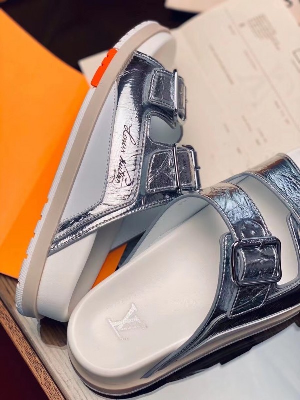 Replica Louis Vuitton LV Trainer Mules In Silver Metallic Leather for Sale