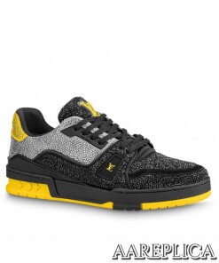 Replica Louis Vuitton LV Trainer Sneakers In Black Crystals 2