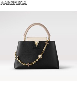 Replica Louis Vuitton Capucines MM LV Bag Black / Galet Gray / Pearly Cream M20708