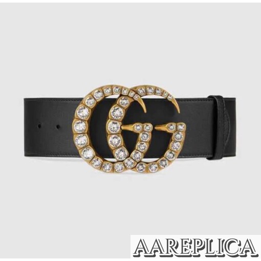 Replica Gucci GG Belt with Crystal Diamond Double G Buckle 1.5 Width Black