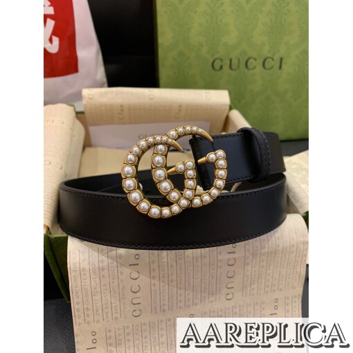 Replica Gucci GG Belt with Crystal Diamond Double G Buckle 1.5 Width Black 2
