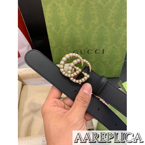 Replica Gucci GG Belt with Crystal Diamond Double G Buckle 1.5 Width Black 4