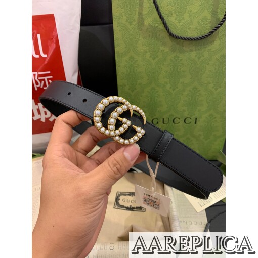 Replica Gucci GG Belt with Crystal Diamond Double G Buckle 1.5 Width Black 8