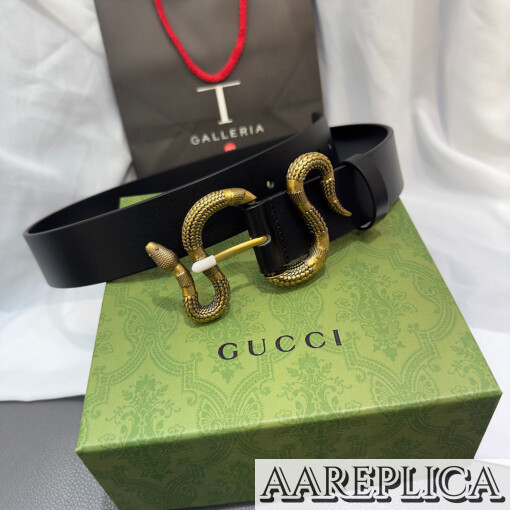 Replica Gucci GG Black Leather Belt With Snake Buckle 2