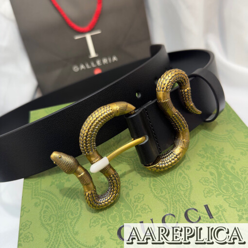 Replica Gucci GG Black Leather Belt With Snake Buckle 3