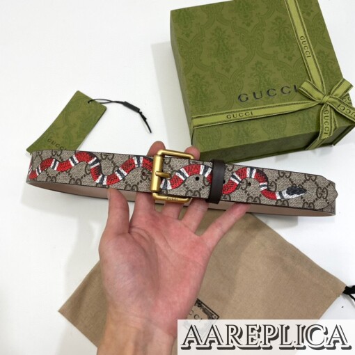 Replica Gucci GG Pre-owned Supreme Snake Print Belt Black Leather 2