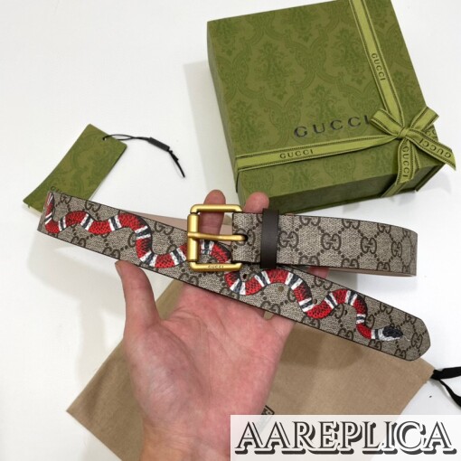 Replica Gucci GG Pre-owned Supreme Snake Print Belt Black Leather 3