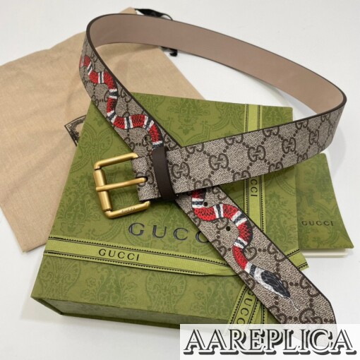 Replica Gucci GG Pre-owned Supreme Snake Print Belt Black Leather 4