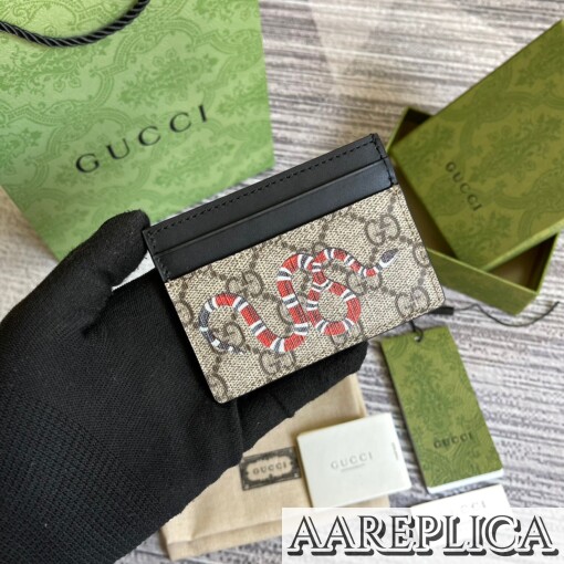 Replica Gucci Kingsnake print GG Supreme card case Beige/ebony 2