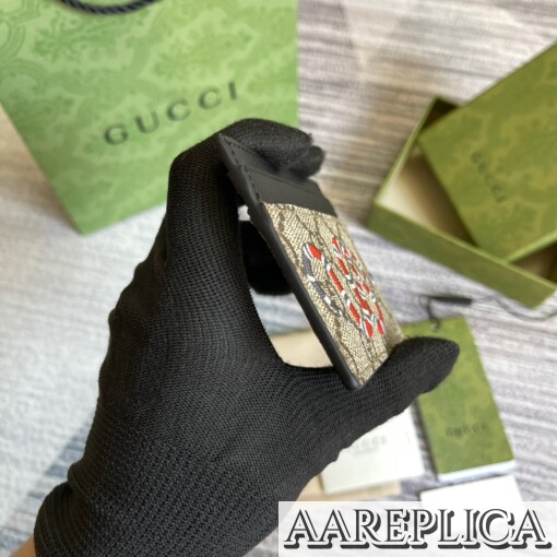 Replica Gucci Kingsnake print GG Supreme card case Beige/ebony 4