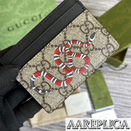Replica Gucci Kingsnake print GG Supreme card case Beige/ebony 5