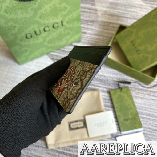 Replica Gucci Kingsnake print GG Supreme card case Beige/ebony 7