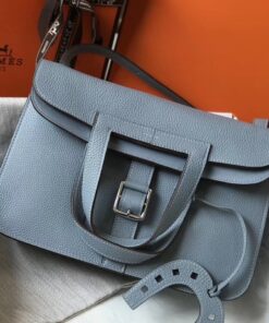 Replica Hermes Halzan 31cm Bag In Blue Lin Clemence Leather 2