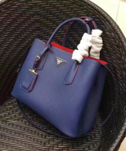 Replica Prada Double Medium Tote Bag In Blue Saffiano Leather