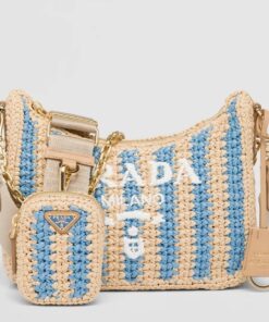 Replica Prada Re-Edition 2005 Bag In Beige and Blue Stripe Raffia Replica Prada Re-Edition 2005 Bag In Beige and Blue Stripe Raffia